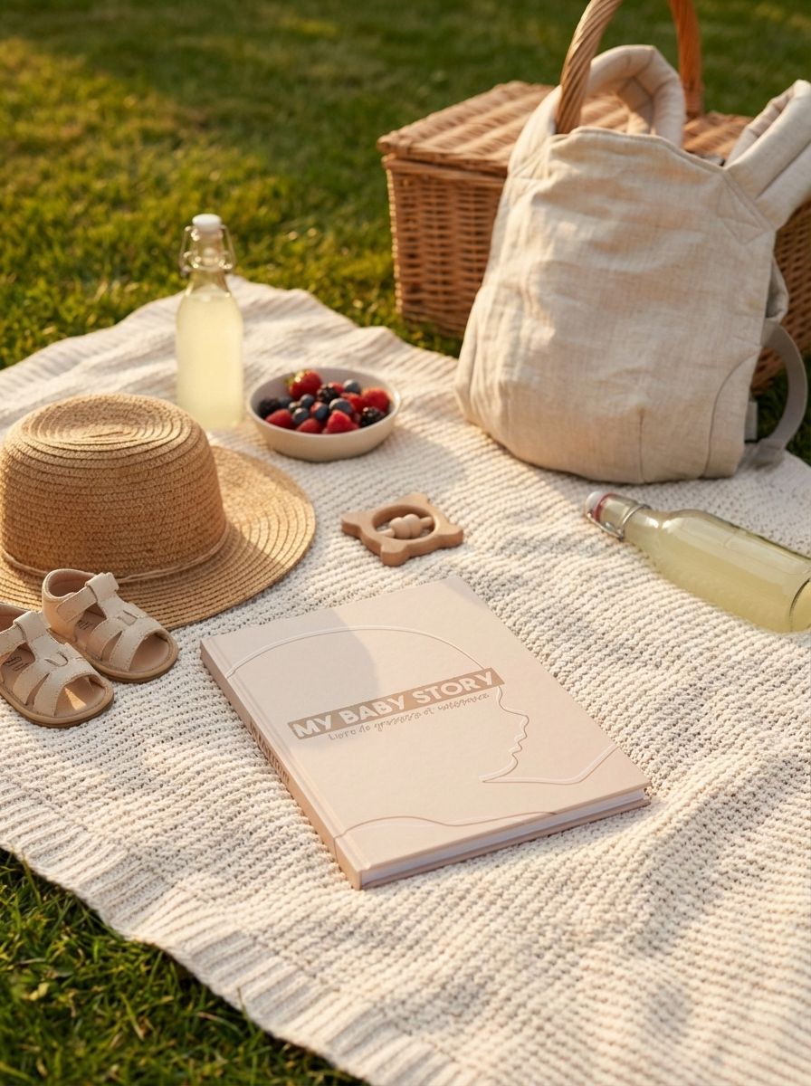 Livre de grossesse My Baby Story beige sur table, carnet à compléter pour garder les souvenirs.