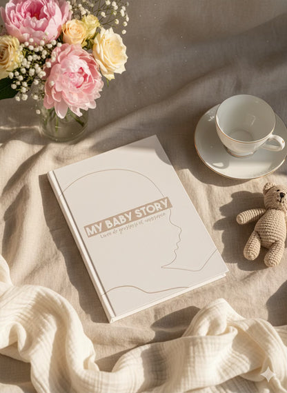 Livre de grossesse My Baby Story beige posé sur un drap en lin avec ours en tricot, tasse et bouquet de fleurs, photo douce et lumineuse, idée cadeau future maman.