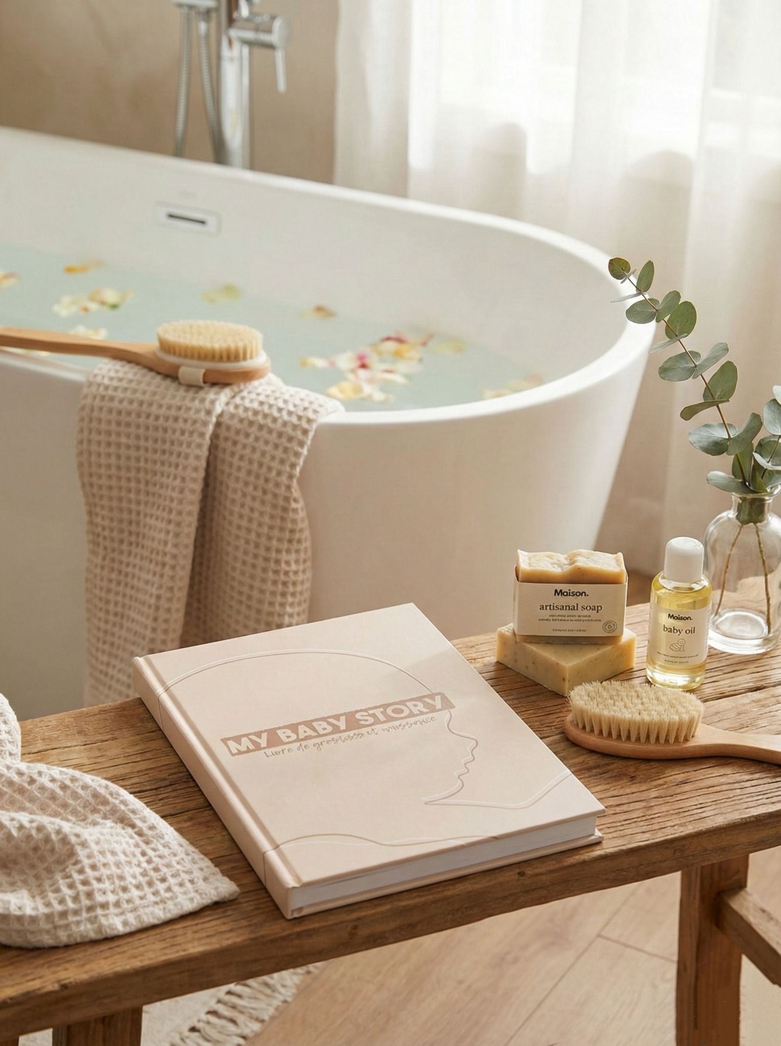 Livret de grossesse My Baby Story beige posé en décoration, carnet souvenir élégant à remplir.