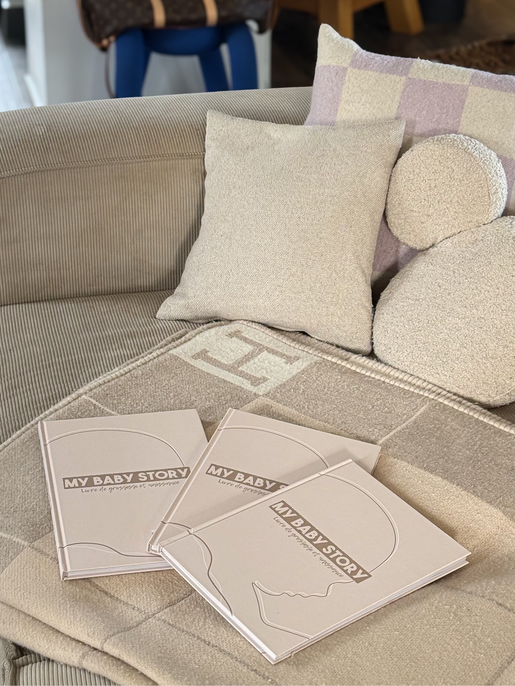 Livres de grossesse My Baby Story beige disposés sur un canapé avec plaids et coussins en laine, photo chaleureuse et élégante, ambiance cocooning et haut de gamme.