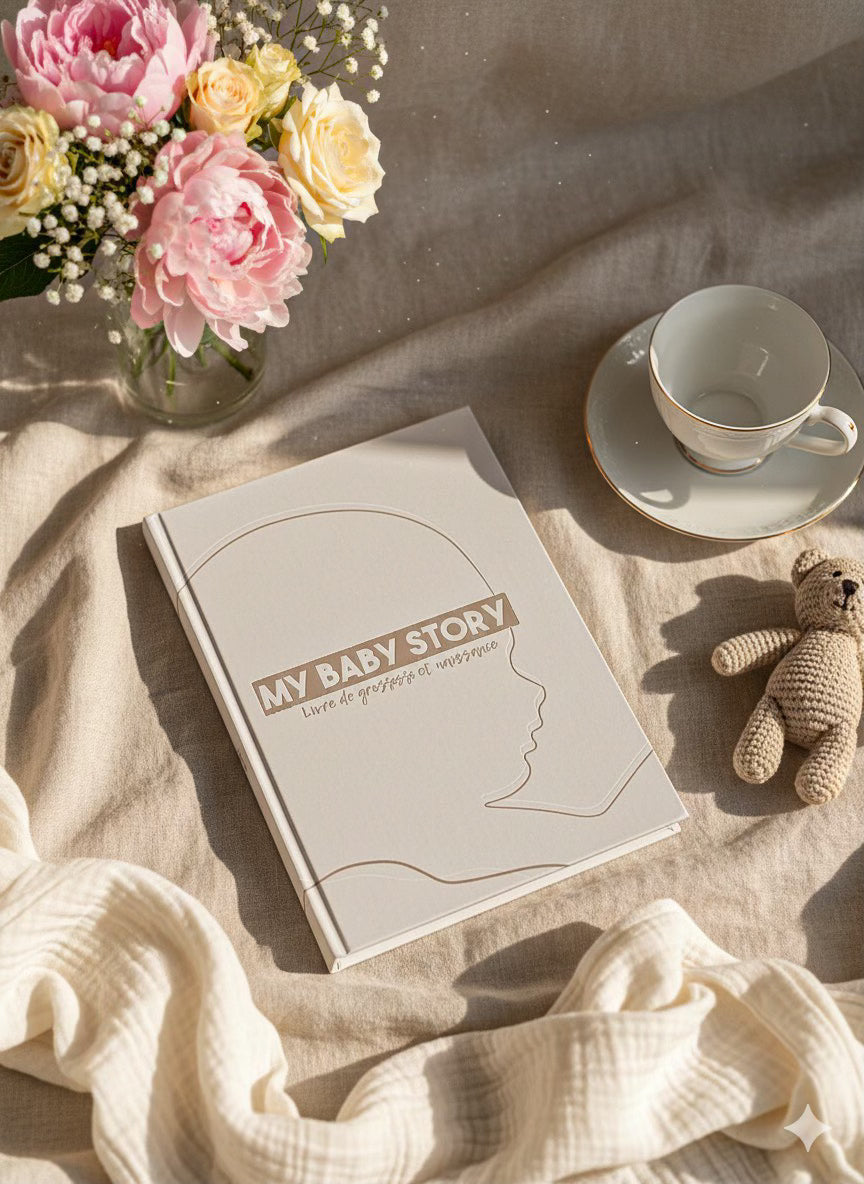 Carnet de grossesse My Baby Story beige sur drap en lin, mis en scène avec tasse, ours en crochet et bouquet de fleurs, ambiance douce et naturelle, cadeau maternité élégant.