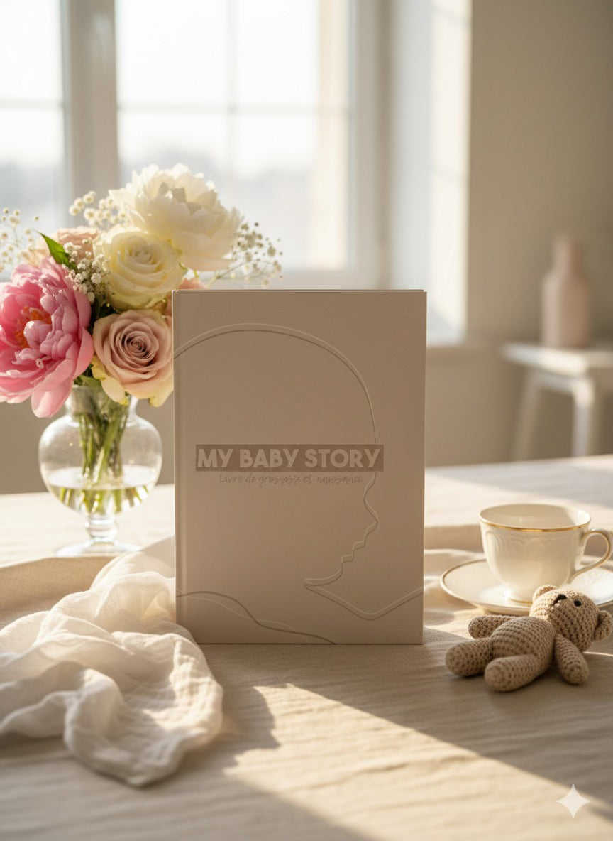 Livre de grossesse My Baby Story beige, posé sur une table avec bouquet de fleurs, tasse et ours en tricot, ambiance douce et lumineuse, idée cadeau future maman.