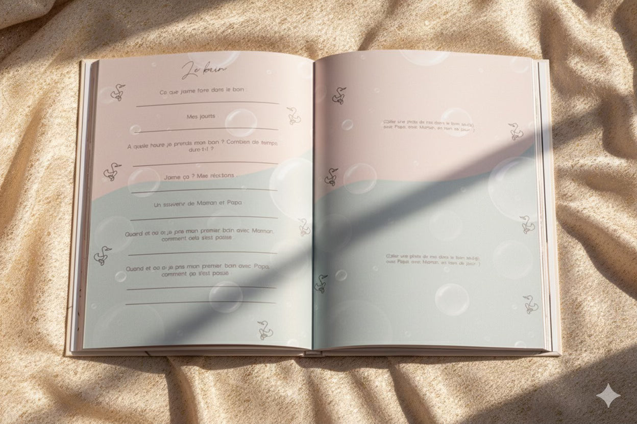 Pages intérieures du livre de grossesse My Baby Story ouvertes sur la section “Le bain”, design pastel rose et vert, photo en lumière naturelle sur tissu beige, carnet souvenir bébé élégant.